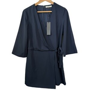 Halston Heritage Navy Faux Wrap Cocktail Dress 4 NWT V-Neck Flared Sleeve